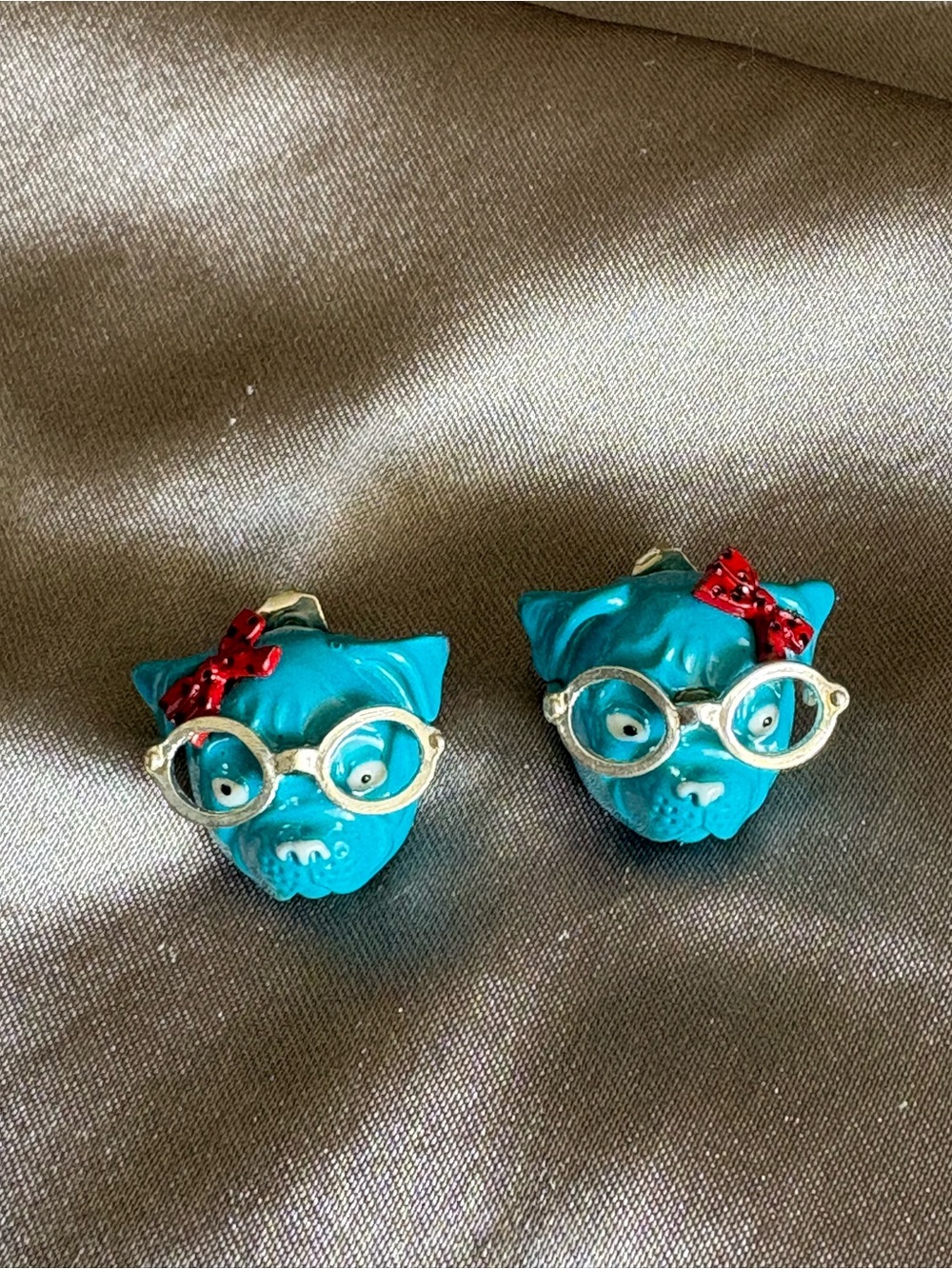 Kitsch Vintage-Style Blue Pug Dog Earrings w/ Glasses & Bow Statement Studs